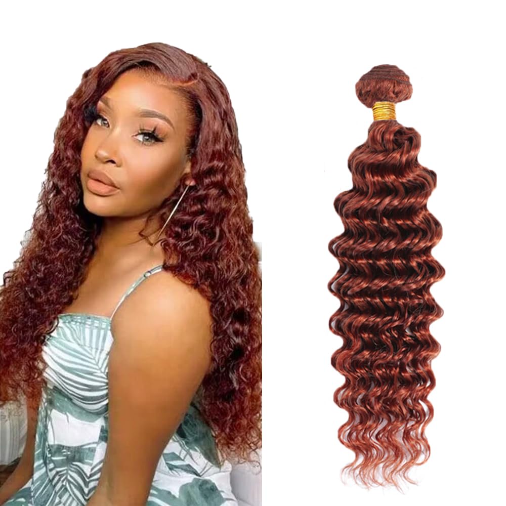 Color 33 Deep Wave Bundles Human Hair Auburn Bundles Huxowax Brazilian Virgin Remy Hair Single Bundle 16 Inch Double Weft Copper Red Deep Wave Bundle Hair Weave 50g