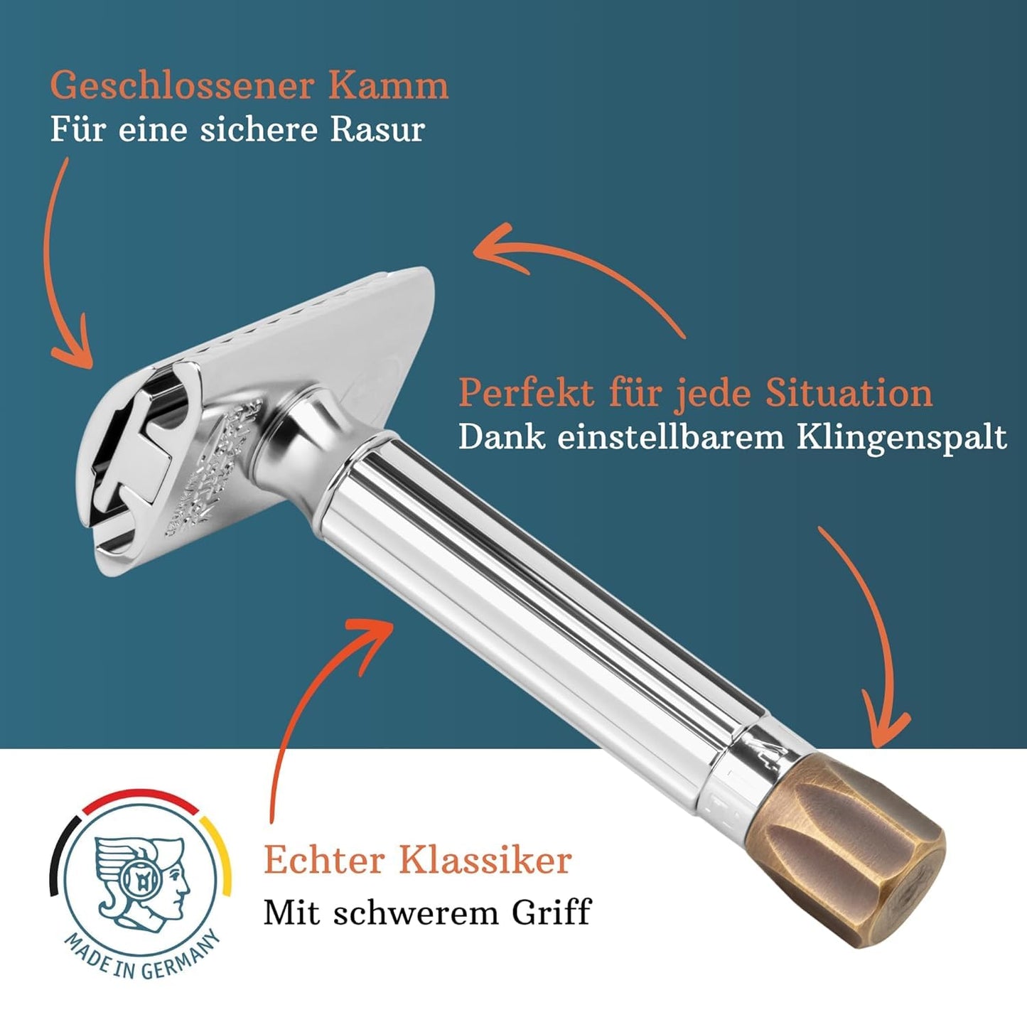 MERKUR Adjustable Safety Razor 500C - Antique, Shiny Chrome/Brass, Two-Piece Premium Razor with Straight Cut, Ideal for Wet Shaving, Die-Cast Zinc, Brass Handle, Made in Germany