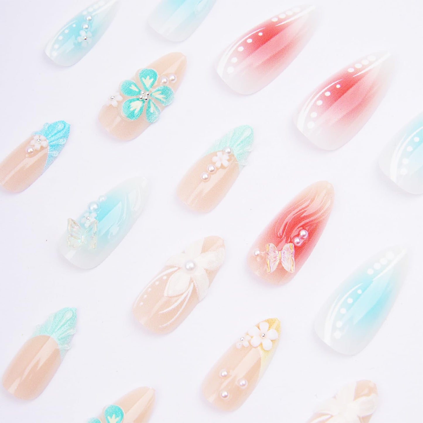24pcs Summer Press-On Nails | Medium Almond Shape with 3D Flower & Butterfly Designs - Gradient Full Cover Acrylic