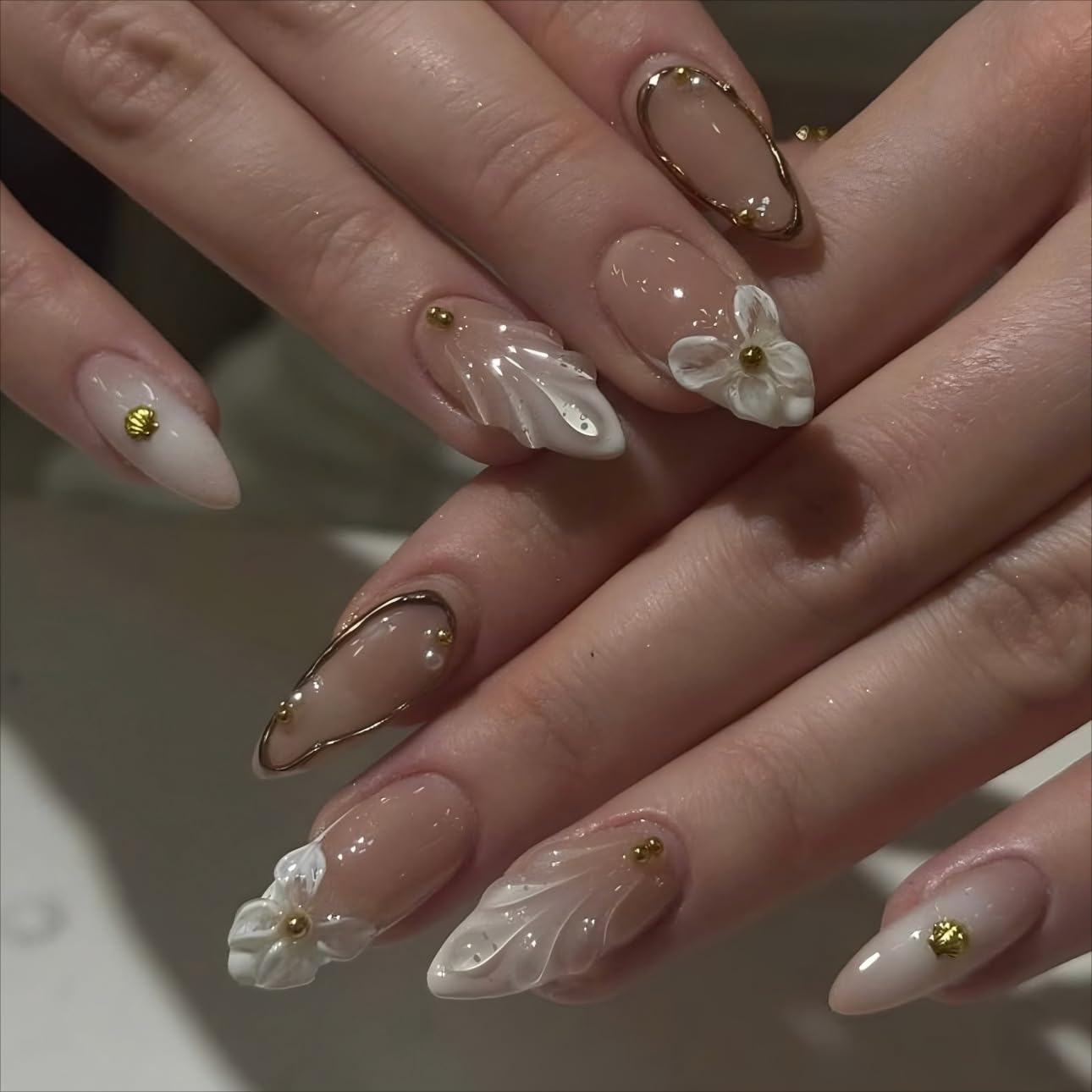Red French Tip Press-On Nails - Almond Shape with 3D Crystal Designs | 24 Pcs Reusable Nail Kit for Manicure