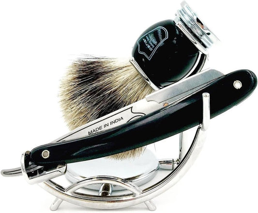 Parker SRB Replaceable Blade Straight Edge Barber Razor Shave Set - Includes Parker 100% Pure Badger Brush, Low Profile Chrome Shave Stand