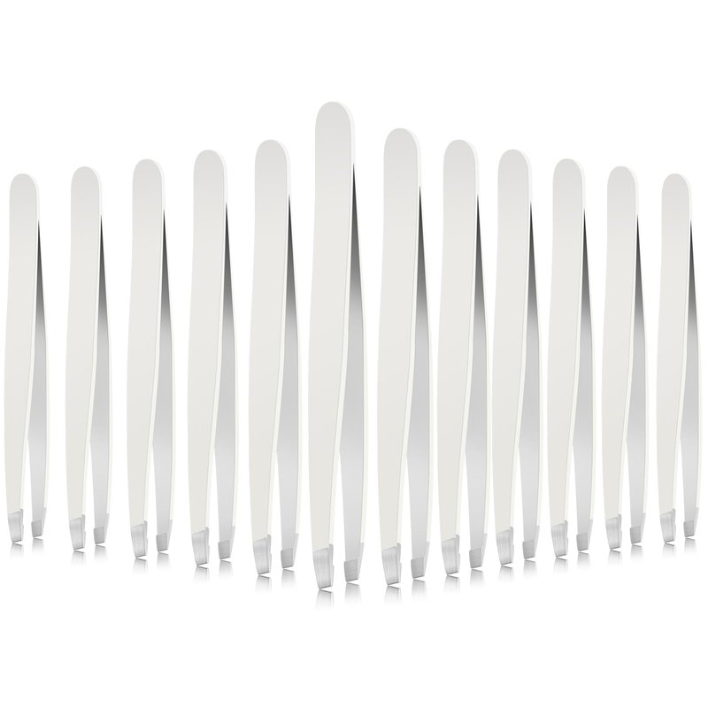 Mudder 12 Pcs Eyebrow Tweezers Set for Facial Hair Stainless Steel Slanted Tip Tweezers in Bulk for Men and Women(White)