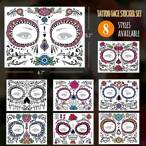 Day of the Dead Face Tattoos - 8 Pack Halloween Temporary Sugar Skull Face Art