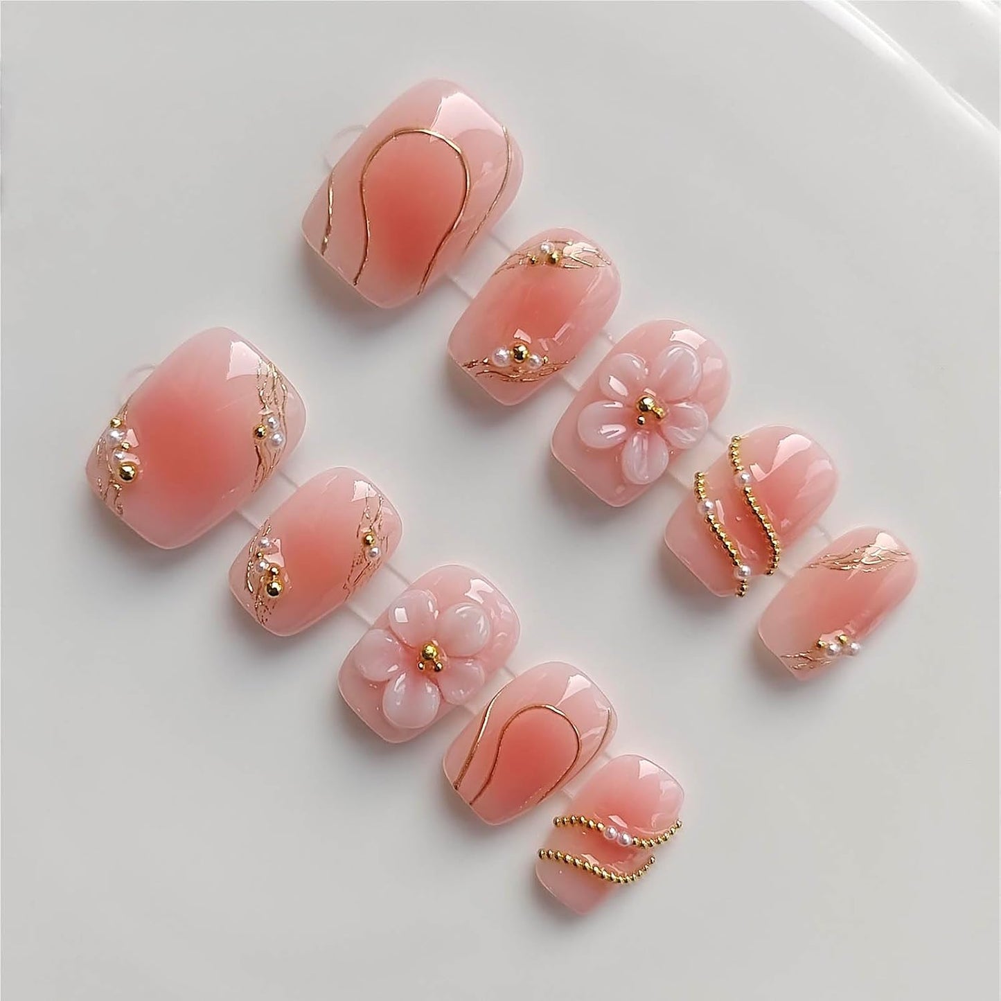 Pink Press On Nails - Handmade Short Square Style | M Size Daily Wear Y2K Cute French Design with Polka Dot & 3D Flowers - 10 Pcs