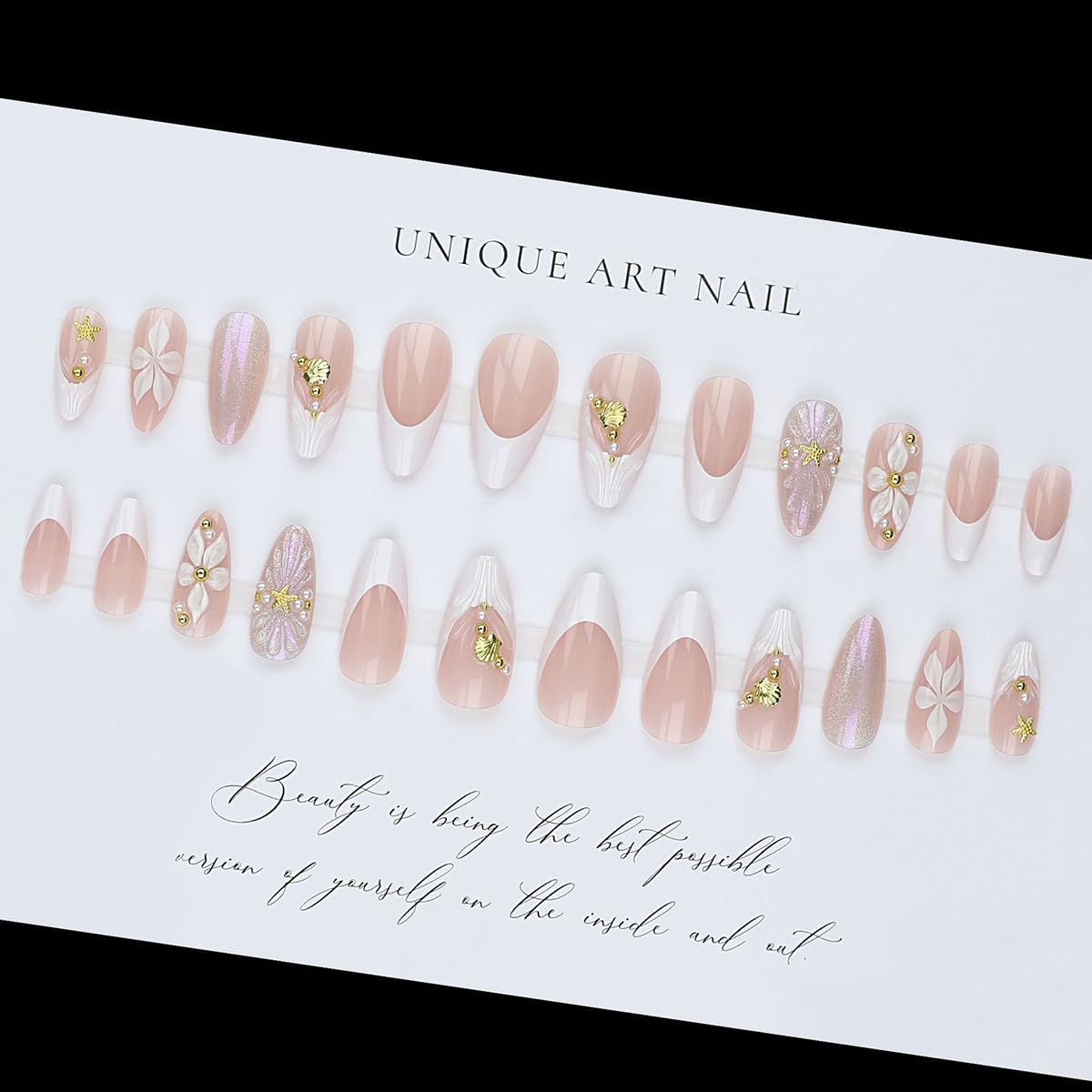 Almond French Tip Press on Nails Medium Fake Nails Glossy Nude Pink Stick on Nails with 3D Gold Balls Starfish Shell Charms Design White French Tip False Nails Flower Acrylic Nails for Women 24 Pcs
