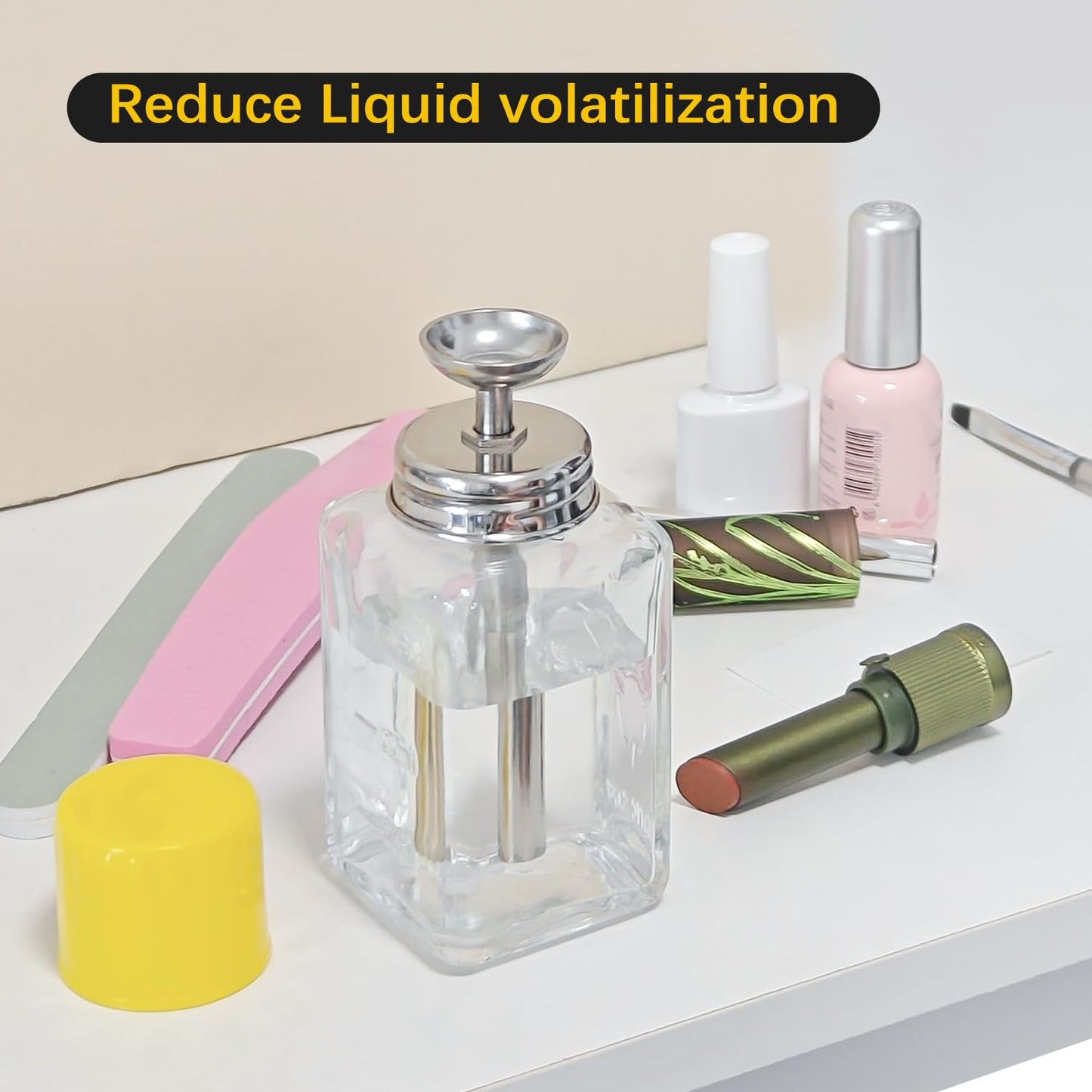 ffresiss 6oz / 180ml Glass Dispenser, Push Down Acetone Pump Alcohol Dispenser with Metal Cover, Nail Polish Remover Liquid Pump Square Bottle Hand Pumping Rubbing Press Container