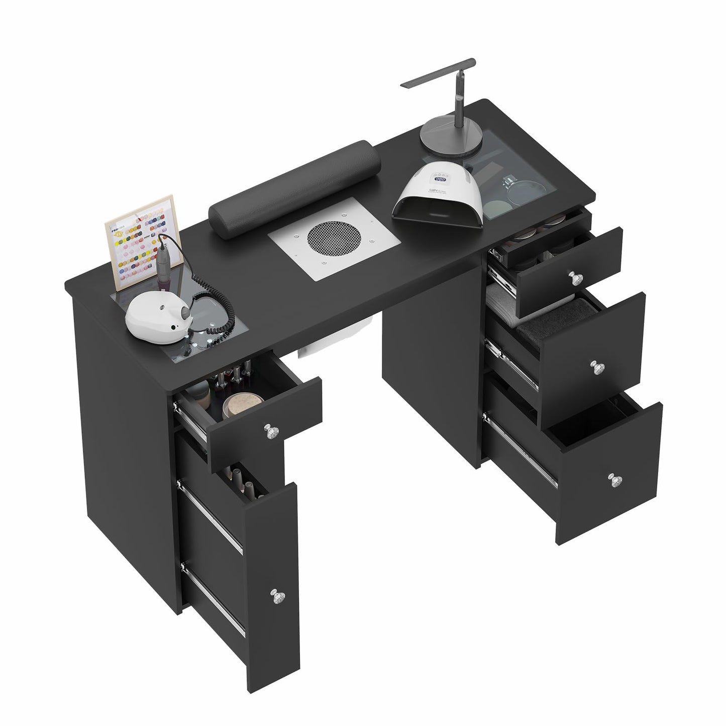 Manicure Table for Nail Tech with Glass Top, Visible Drawers & Trash Bag Holder, Acetone-Resistant Manicure Nail Desk, Beauty Salon Workstation with Wrist Rest & Electric Dust Collector (Black)
