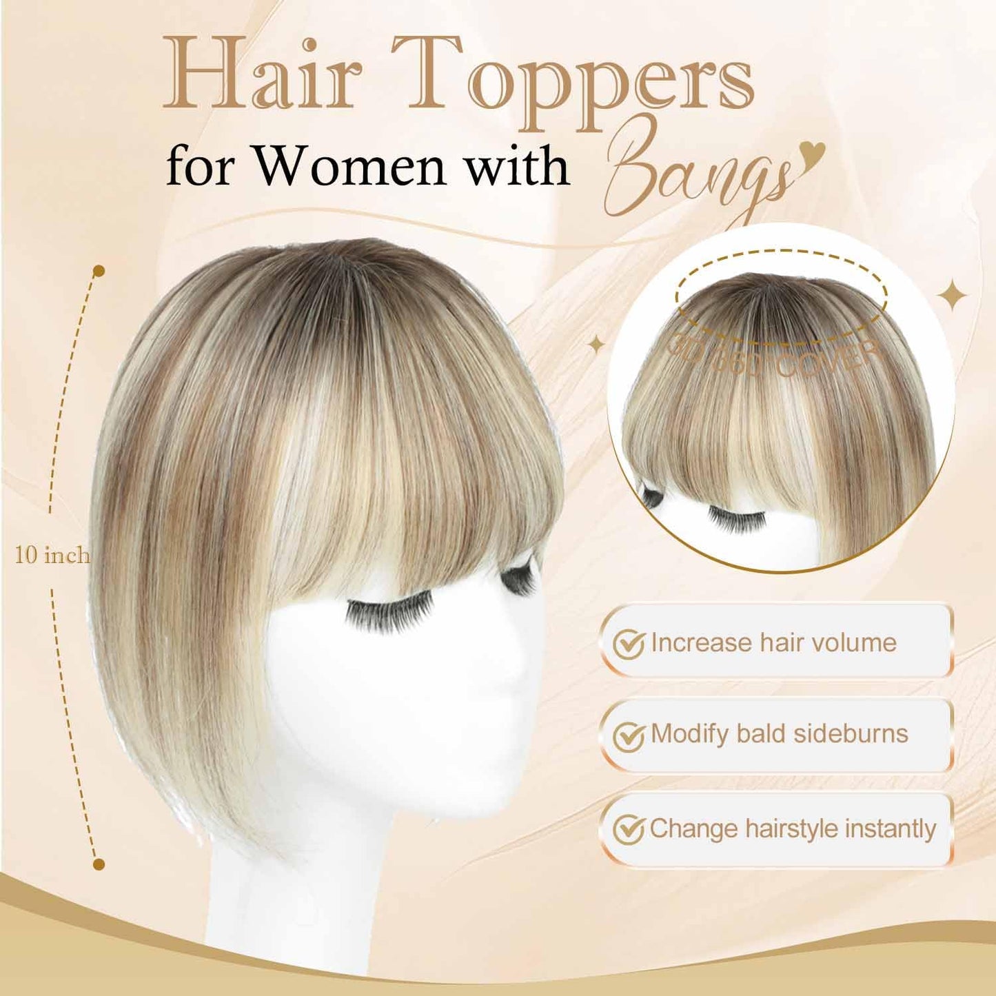 Human Hair Toppers for Women - Real Hair Pieces with Bangs | 360° Coverage, 10-Inch, 30g