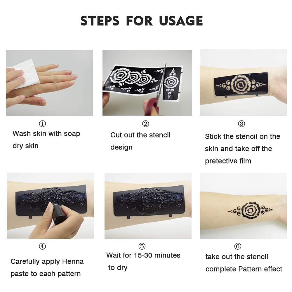 Temporary Tattoo Stencil Kit - 10 Henna Templates for DIY Body Art | Large Indian Glitter Designs