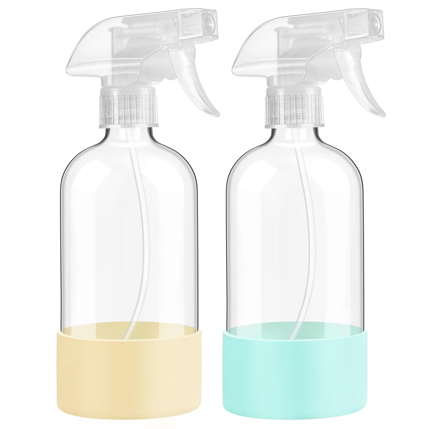 FANSTINOW Glass Spray Bottles with Silicone Sleeve Protection, 16 oz 2 Pack, Reusable Spray Bottles with Adjustable Nozzle for Hair, Cleaning Solutions, Plants, Pale Yellow&Mint Green