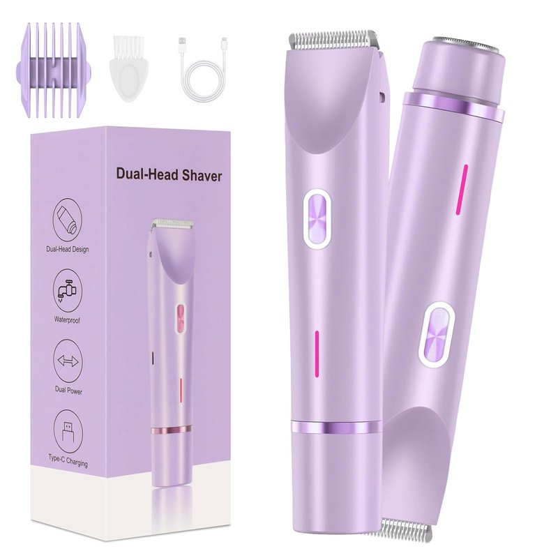 Bikini Trimmer for Women,2 in 1 Dual Head Bikini Shaver & Body Shaver,Cordless & Waterproof Electric Bikini Trimmer for Women, Painless Hair Removal with Silky Glow Finish,Purple8
