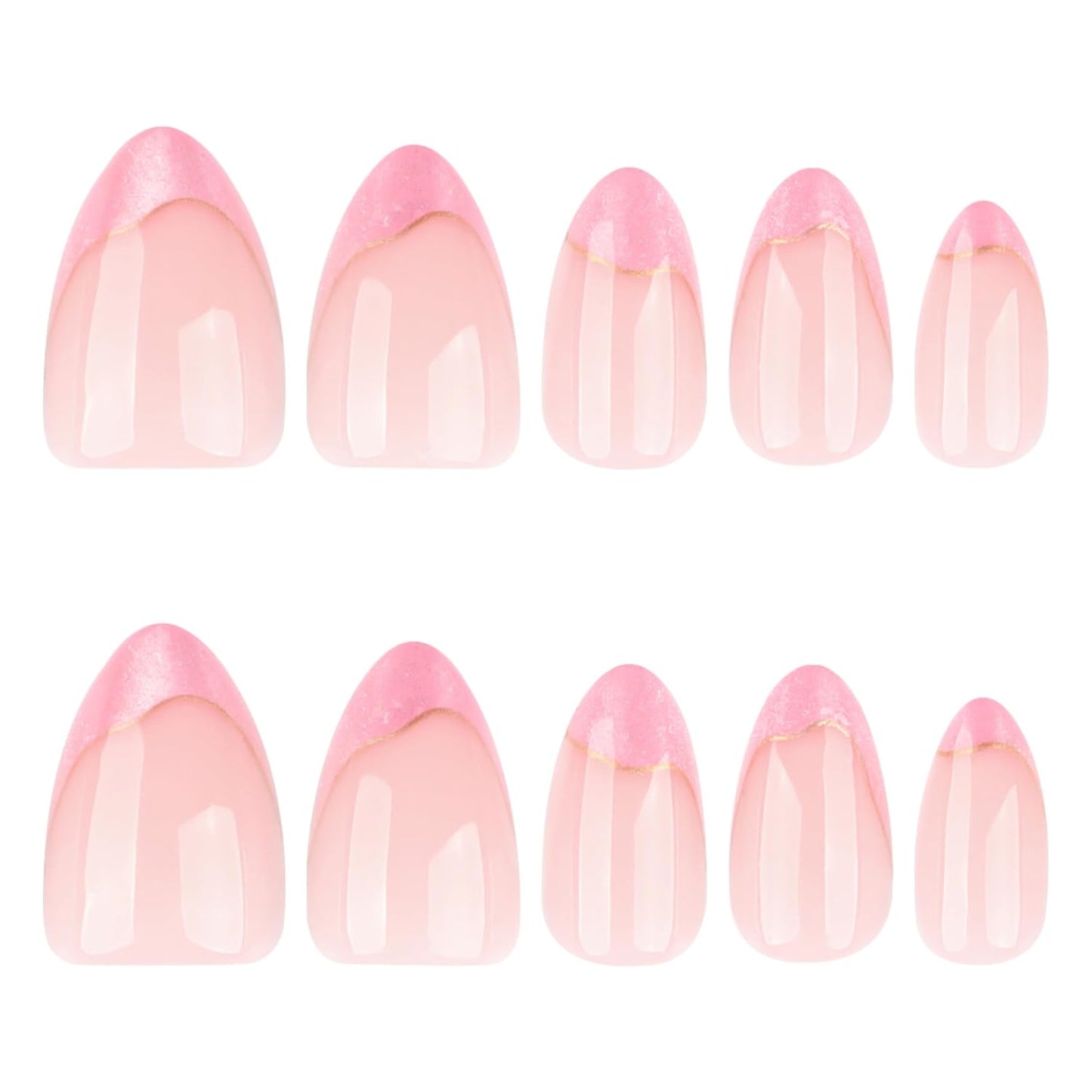 Cat Eye French Tip Press-On Nails - Nude & Pink Short Almond | Reusable Glue-On Nails with Gold Line for Weddings & Parties