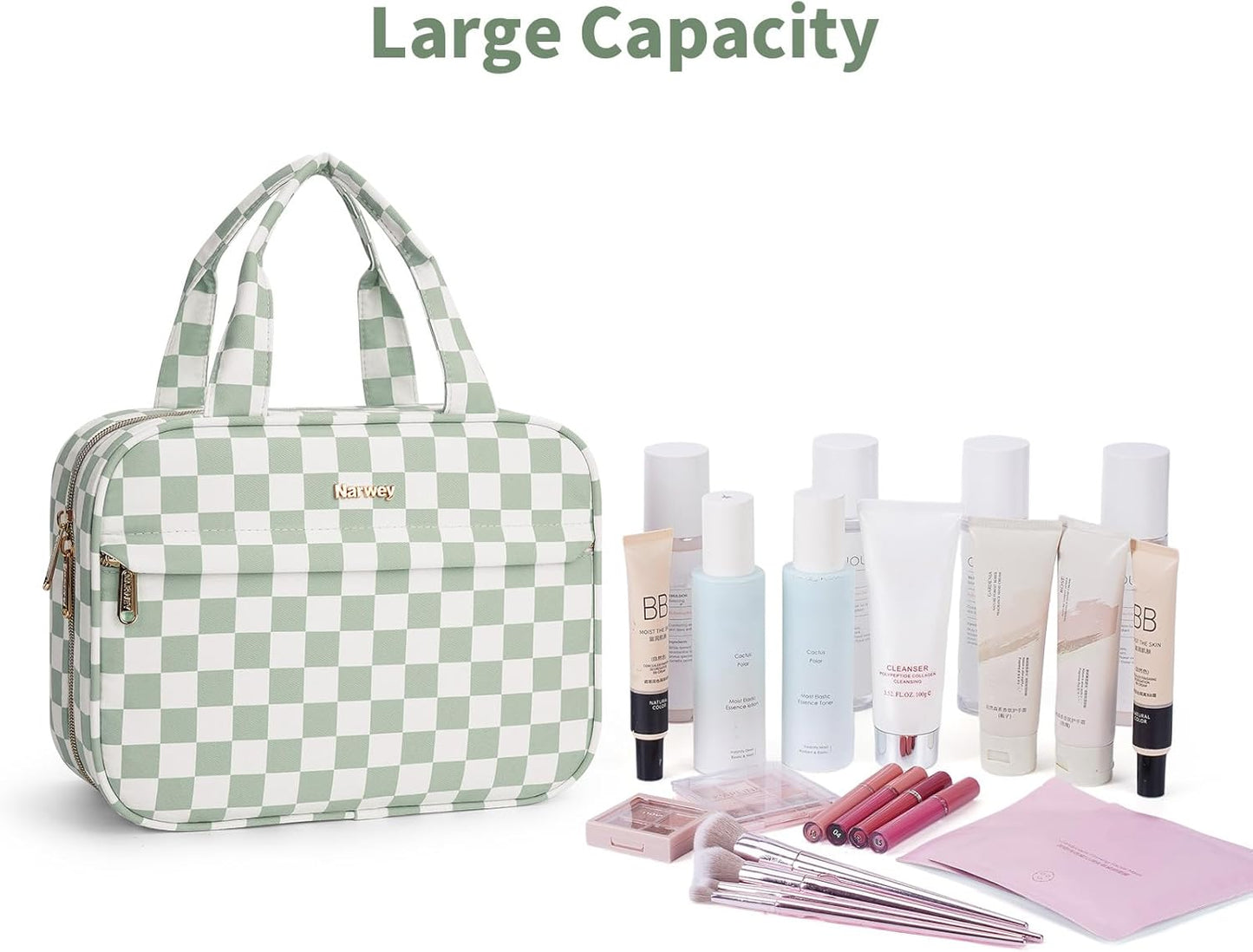 Hanging Toiletry Bag for Women - Checkered Travel Makeup Organizer | Mint Green Checkerboard, Medium Size
