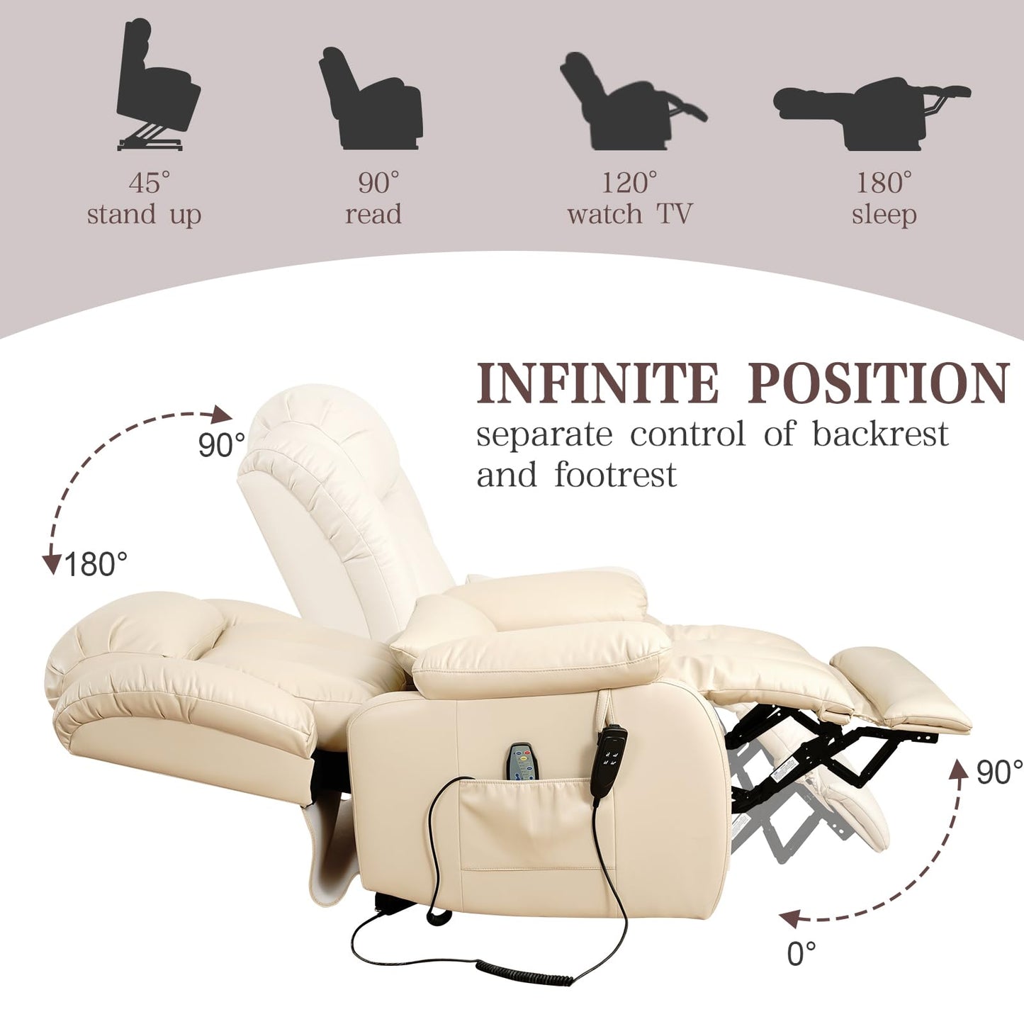 Infinite Position Lay Flat Lift Recliner Chair for Adults, Dual Motor Power Lift Chair for Elderly with Massage & Heating, Extended Footrest, USB Ports, Remote Control & Lumbar Pillow, Leather (Beige)