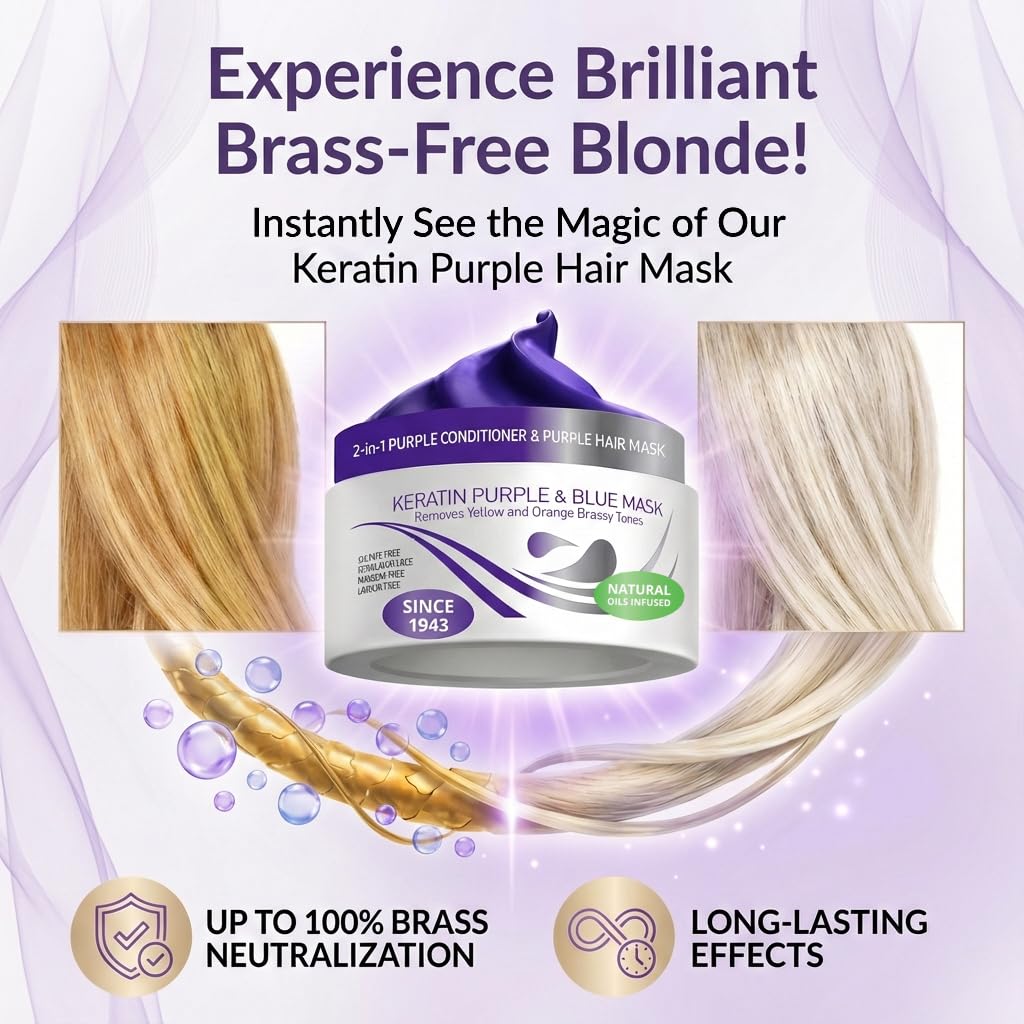 Keratin Purple Hair Mask - Deep Conditioner for Blonde, Silver & Gray Hair | Neutralizes Brassiness