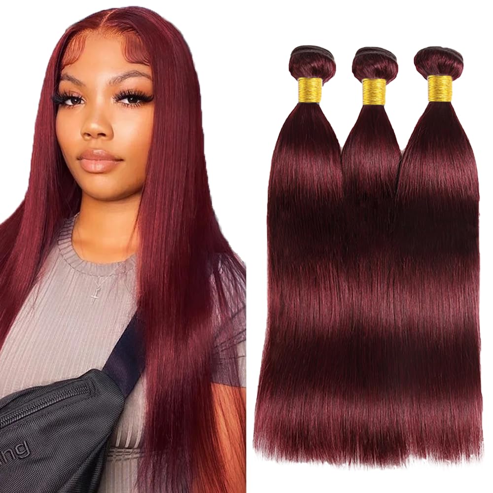 #99J Burgundy Bundles Human Hair Straight Bundles 26 28 30 Inch Straight Bundles Unprocessed Brazilian Virgin Hair Deals Quick Weave Hair Extensions 3 Bundle 50 Gram Per Bundle