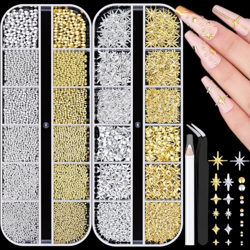 2640 Pcs Nail Charms & Caviar Beads Set with Tweezers - Gold & Silver
