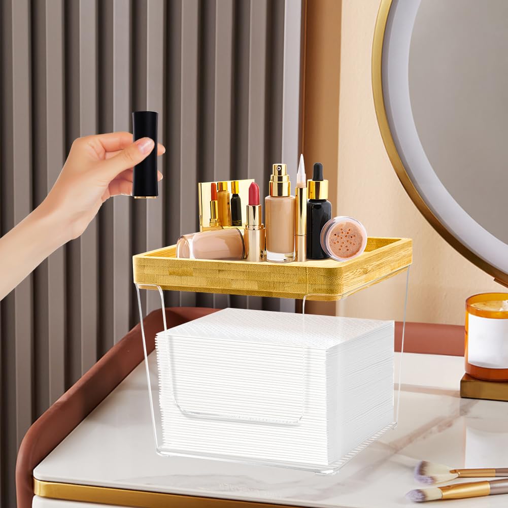 GRETJOB Disposable Face Towel Holder Box, Acrylic Facial Container for XL Clean Skin Club, Large Storage With Bamboo Lid Towel Organizer Container for Bathroom, Vanity Makeup, Clear