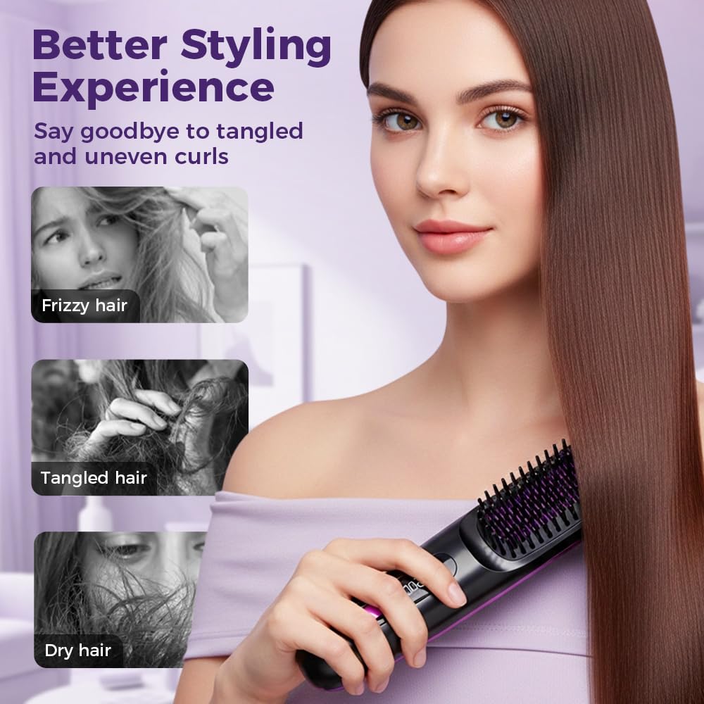 Go Brush Pro for Short Hair - 2026 Upgraded Cordless Straightening Brush with Fast Heat, 3 Temperature Settings, Ionic & Ceramic Care, 2000mAh USB-C Rechargeable for Frizz-Free Styling (White)
