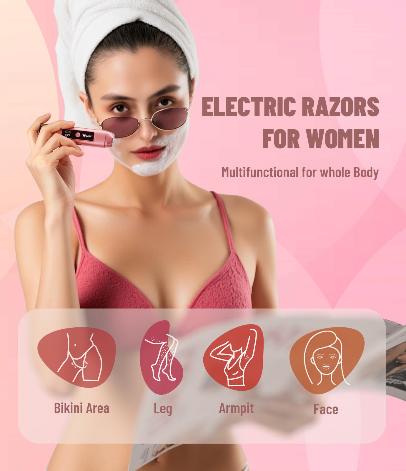 Dual Head Electric Bikini Trimmer for Women: IPX7 Waterproof Lady Shaver with LED Display - Rechargeable Pubic & Body Hair Razor - Rococo Pink