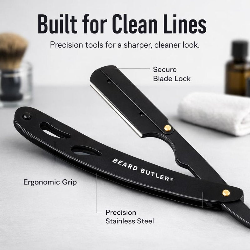 Beard Butler® 'The Original' Straight Razor for Men – Often Imitated, Never Matched – Professional Barber Razor Kit with 10 Replaceable Stainless Steel Blades – Beard Shaping Razor