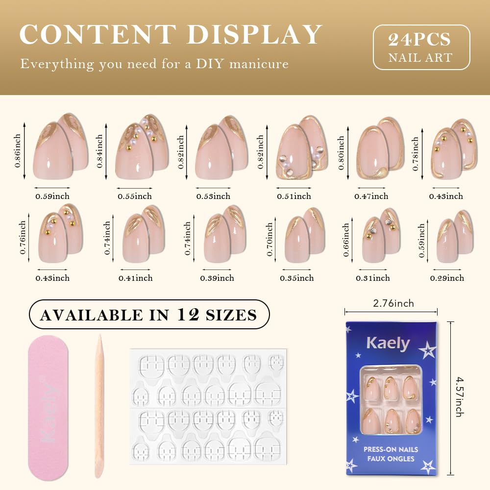 3D Gold Line French Tip Press-On Nails - Short Almond Glitter Light Nude | Handmade Acrylic Nails with 3D Pearl Designs