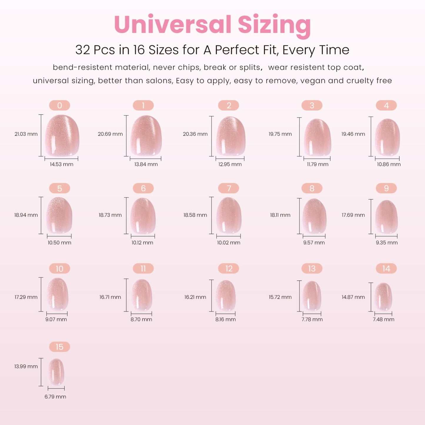 Nail Reformation Press On Nails, Soft Pink Shimmer Extra Short Round Fake Nails with Velvet Cat Eye, Reusable Stick On Nails Kit - 32 Pcs in 16 Sizes with Glue, Salon Quality, Manicure Gifts for Women