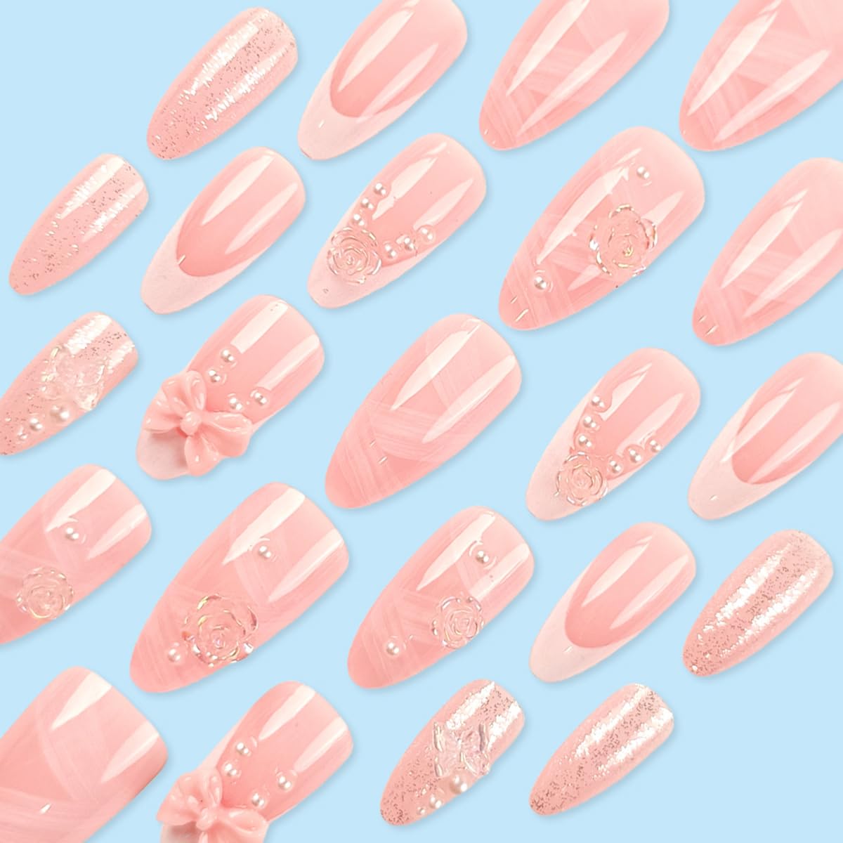 Pink Press-On Nails - 24 Pcs Short Almond White French with 3D Pearl Bow & Butterfly Design | Full Cover Acrylic Nail Art Tips for Women