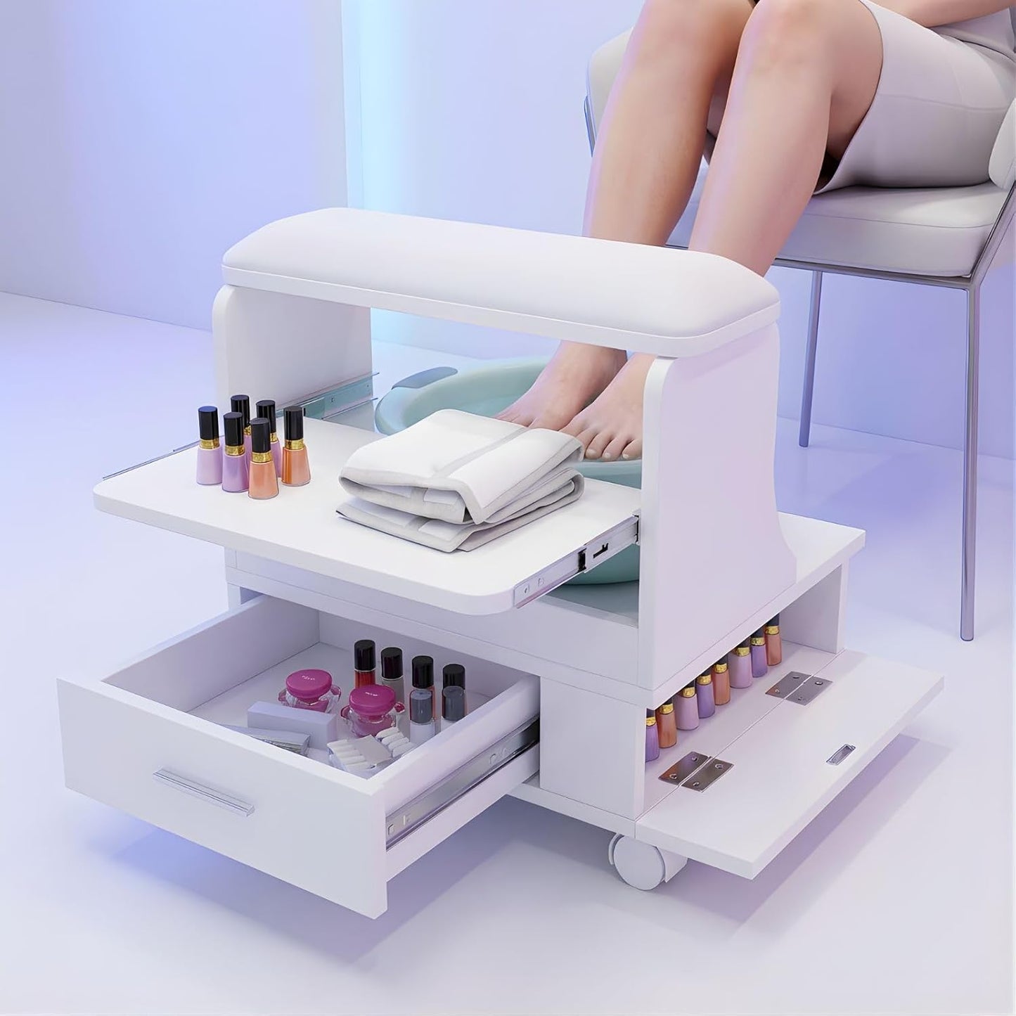 Rolling Pedicure Foot Rest Stool - PU Cushion Spa Station with Storage & Wheels | Pink