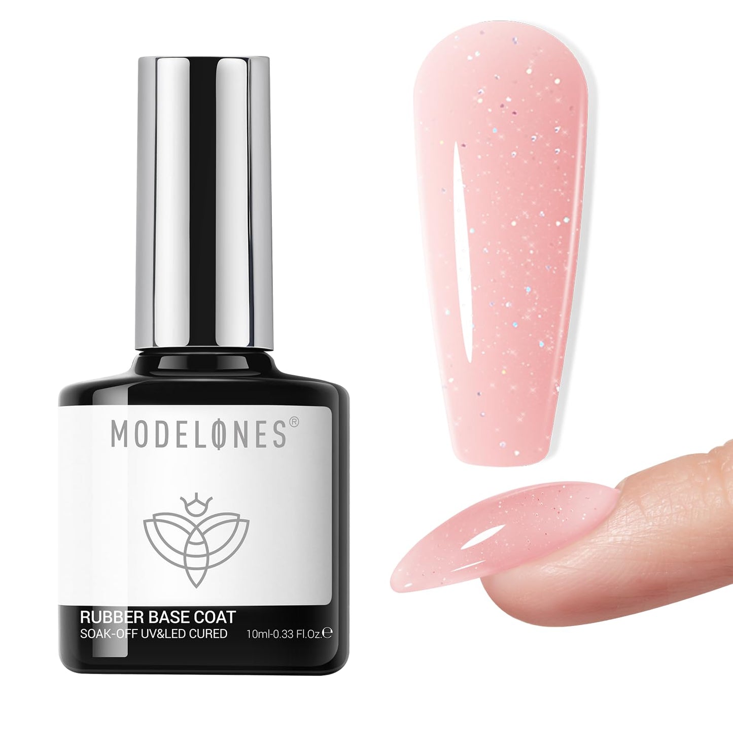 Modelones Builder Rubber Gel Base Coat - Nude Pink Glitter Nail Polish for Strengthening and Apex Building | Long-Lasting UV Manicure