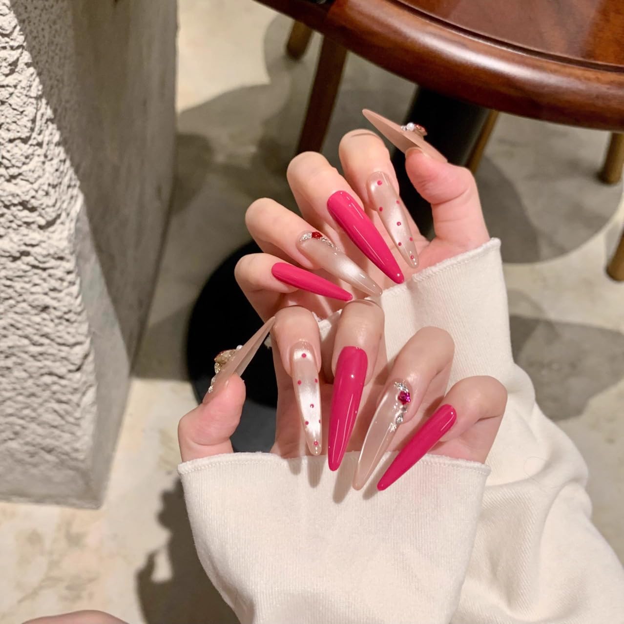 Glam Silver Coral Press On Nails - Heart Rhinestone Extra Long Stiletto Fake Nails | Reusable Manicure Set (L)