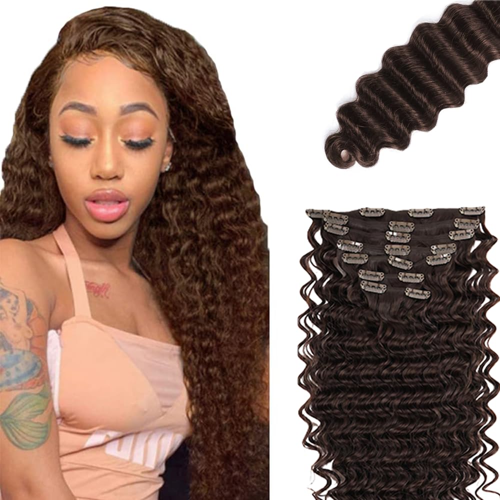 #4 Brown Clip in Hair Extensions Real Human Hair, 12 Inch 120g/7Pcs,Full Shine Dark Brown Remy Human Hair,Chocolate Brown Deep Wave Clip ins Brazilian Virgin Hair Extensions