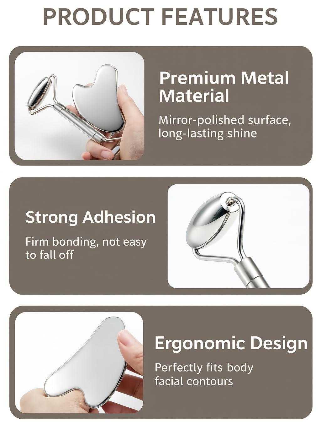 Unfovi Stainless Steel Gua Sha and Face Roller Set Facial Massager Tools, Lymphatic Drainage Massager Metal Gua Sha Skin Self Care Gifts for Women