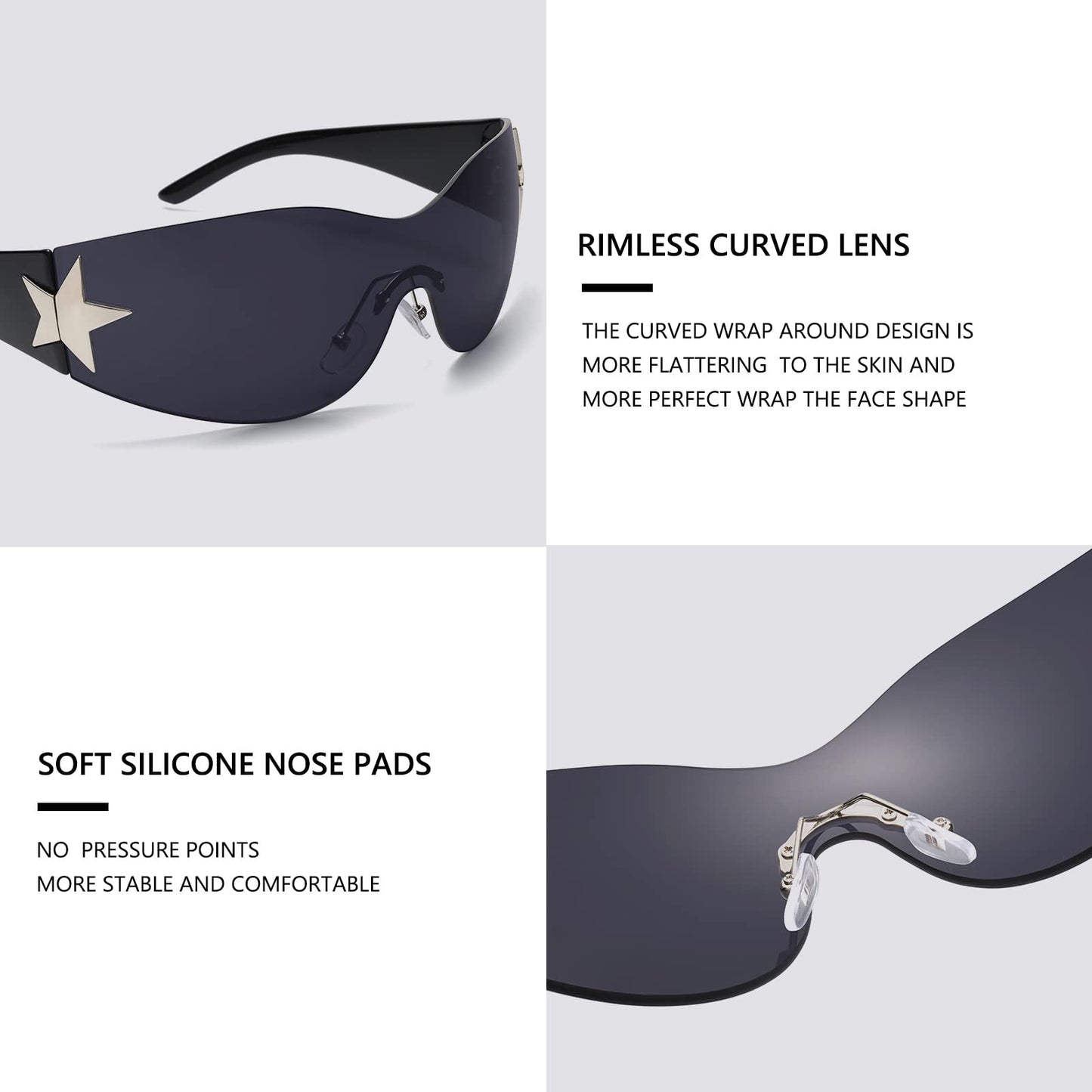 LIKSMU Rimless Y2K Sunglasses for Women Men Wrap Around Fashion Sunglasses Oversized Frameless 2000s Trendy Sun Glasses Black Lens and Black Frame