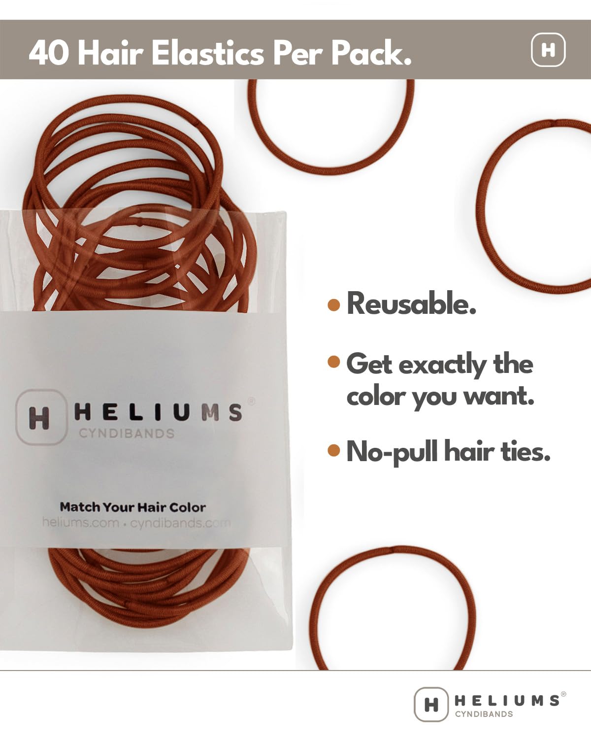 Thin Hair Elastics - Auburn 2mm Ties for Gentle Hold | 40 Count, Medium Hold Ponytail Holders