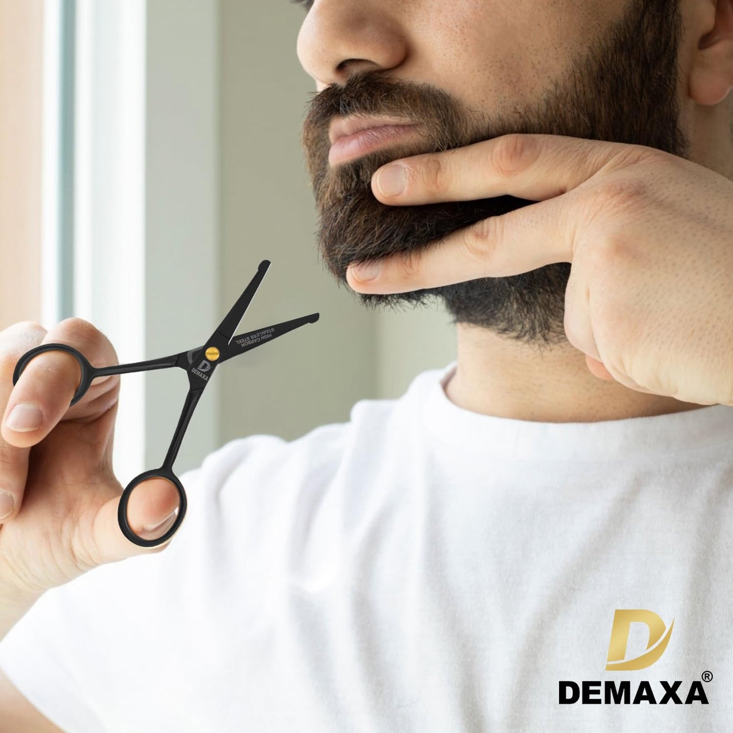DEMAXA 4.5" Round Tip Safety Mustache Scissors Beard Scissors with 1 Mustache Comb, 1 Beard Comb & Soft Pouch – Best Facial Hair Shears for Beard Mustache Trimming Nose & Ear Hair