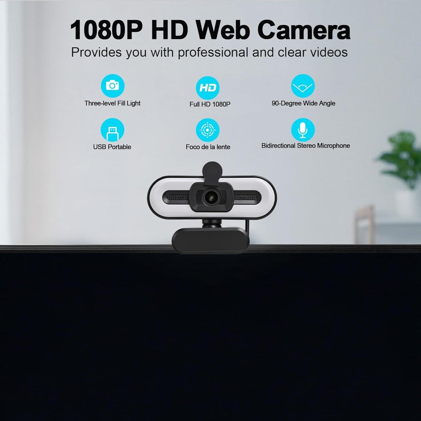1080P Webcam with Microphone - Adjustable Ring Light & 110° Wide Angle View | USB Plug and Play for Desktop & Laptop