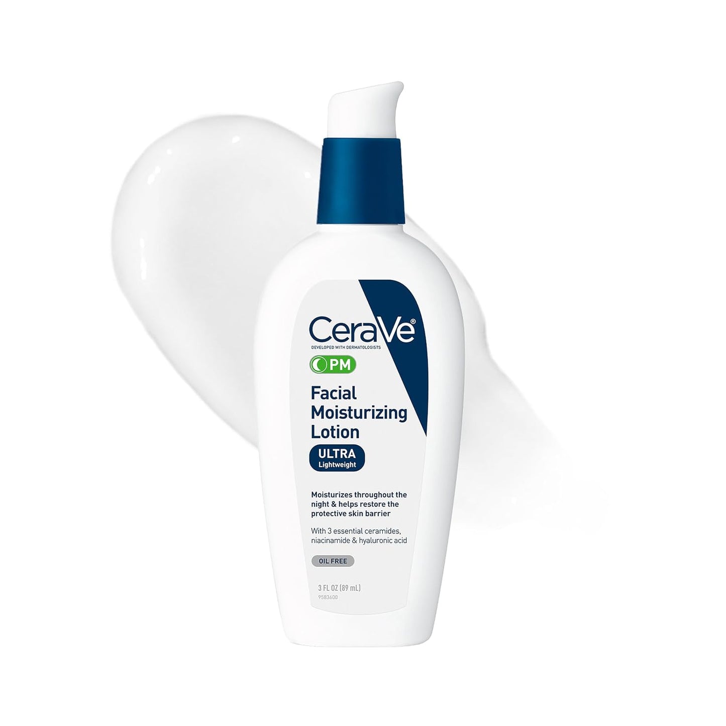 CeraVe PM Facial Moisturizing Lotion - Night Cream with Hyaluronic Acid & Niacinamide | Ultra-Lightweight, Oil-Free, 3 oz