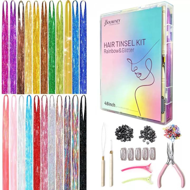 Hair Tinsel Kit - 22 Color Glitter Hair Extensions for Teens | Heat Resistant 48-Inch Accessories for Parties & Cosplay