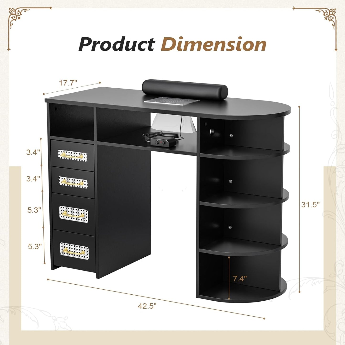 OmySalon Nail Desk - Electric Dust Collector Manicure Table with Storage Drawers & Acetone Resistant Surface | Black