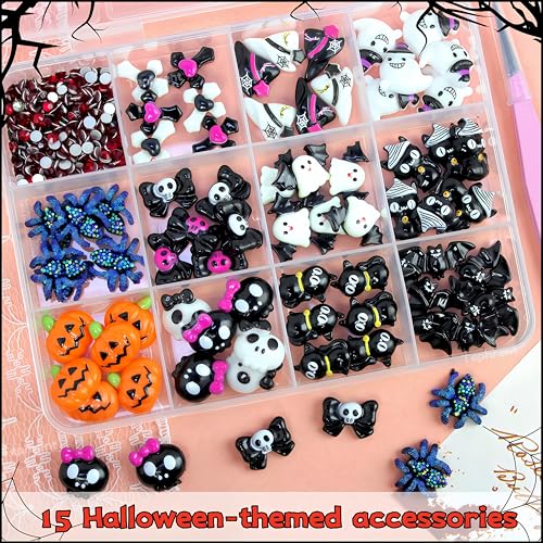 12 Grids Halloween Resin Nail Charms 3D Vintage Punk Spider Skull