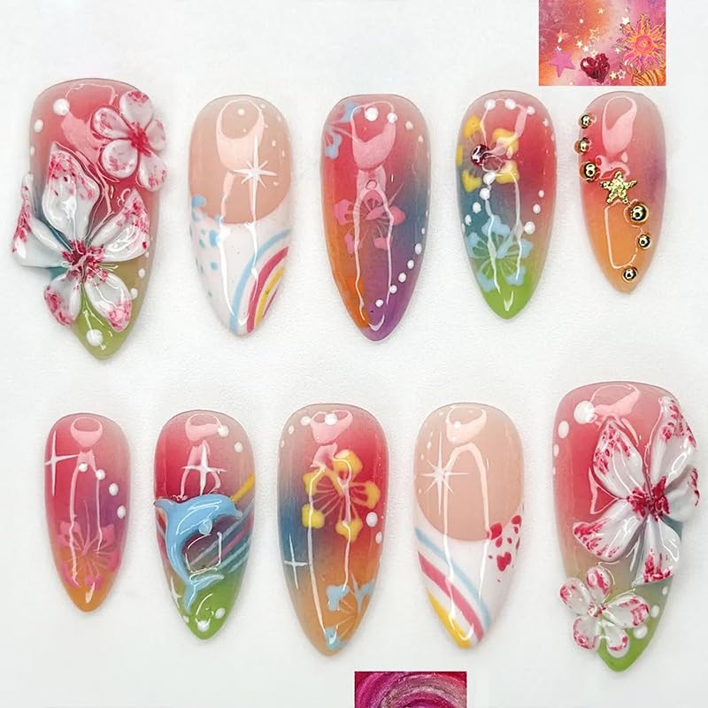 French Tip Press-On Nails - 24Pcs Short Square Design with 3D Flowers & Rhinestones | Glossy Natural Pink Full Cover
