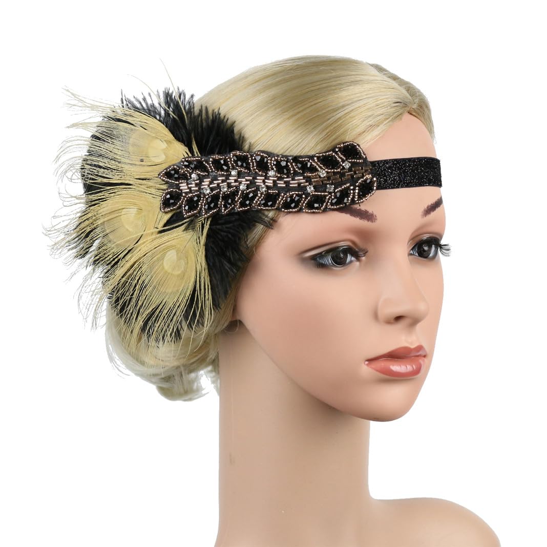 Lovfingu Flapper Headband Feather Roaring 20s Great Gatsby Headpiece for Women Art Deco Costumes G-Yellow
