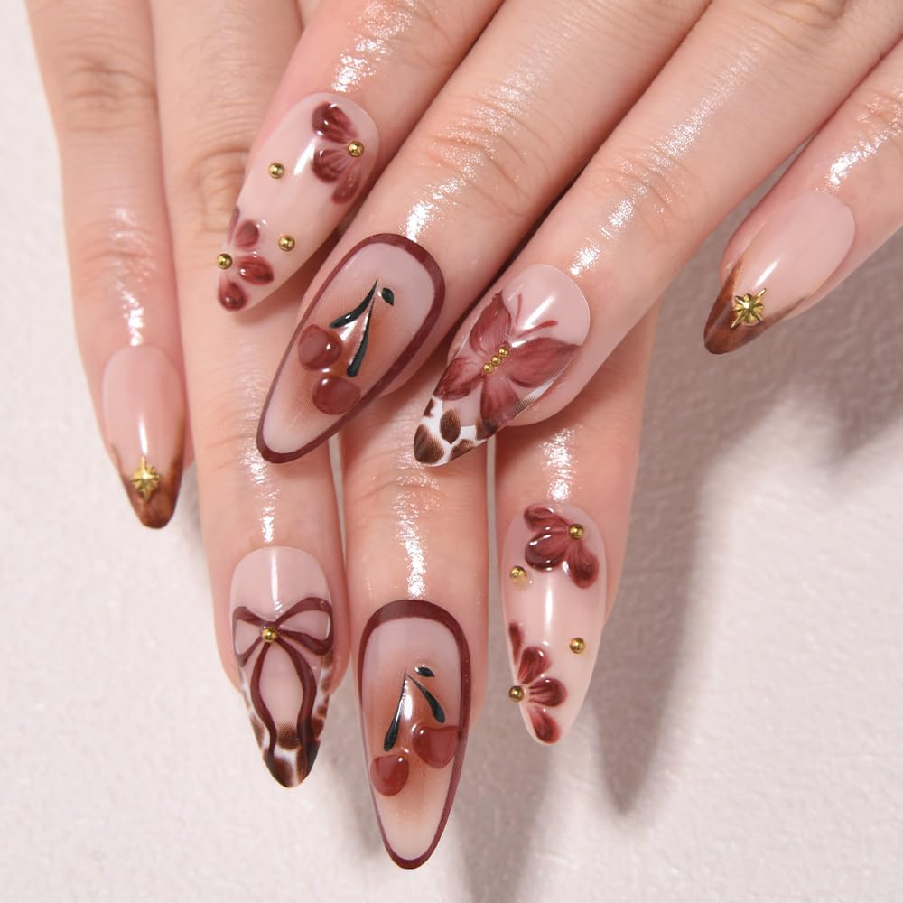 3D Gold Line French Tip Press-On Nails - Short Almond Glitter Light Nude | Handmade Acrylic Nails with 3D Pearl Designs