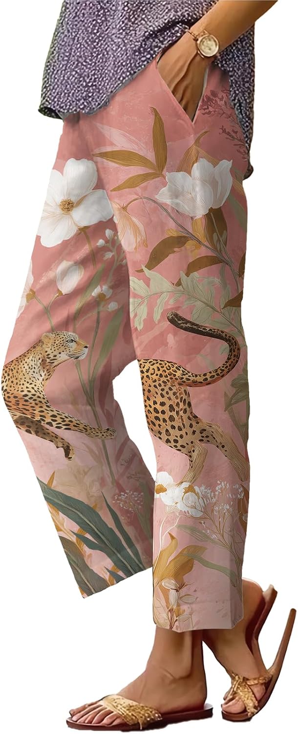 Womens Plus Size Floral Boho Capris - Elastic Waist Beach Trousers | Casual Summer Pants