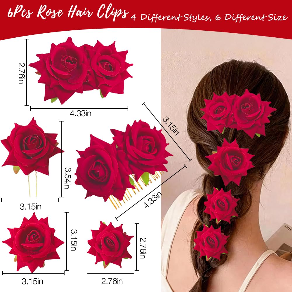 Red Rose Flower Hair Clips - 6 Pcs Floral Barrettes for Bridal, Halloween & Fiesta Parties | Elegant Hair Accessories