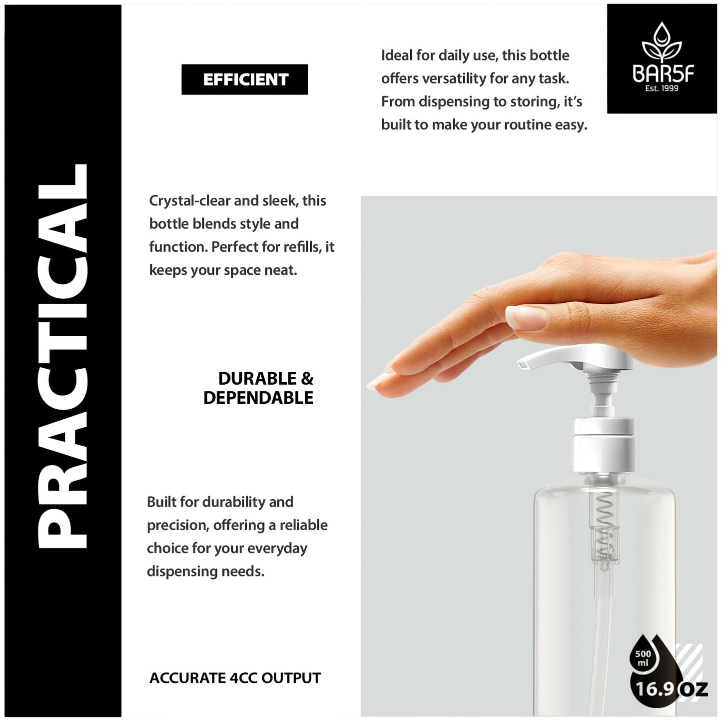 Bar5F Plastic Lotion Bottles with Black & White Pumps, 16 oz | Leak Proof, Empty Clear Cylinder, Refillable, BPA Free for Shampoo, Moisturizer, Face Cream, Liquid Hand Soap | Pack of 2