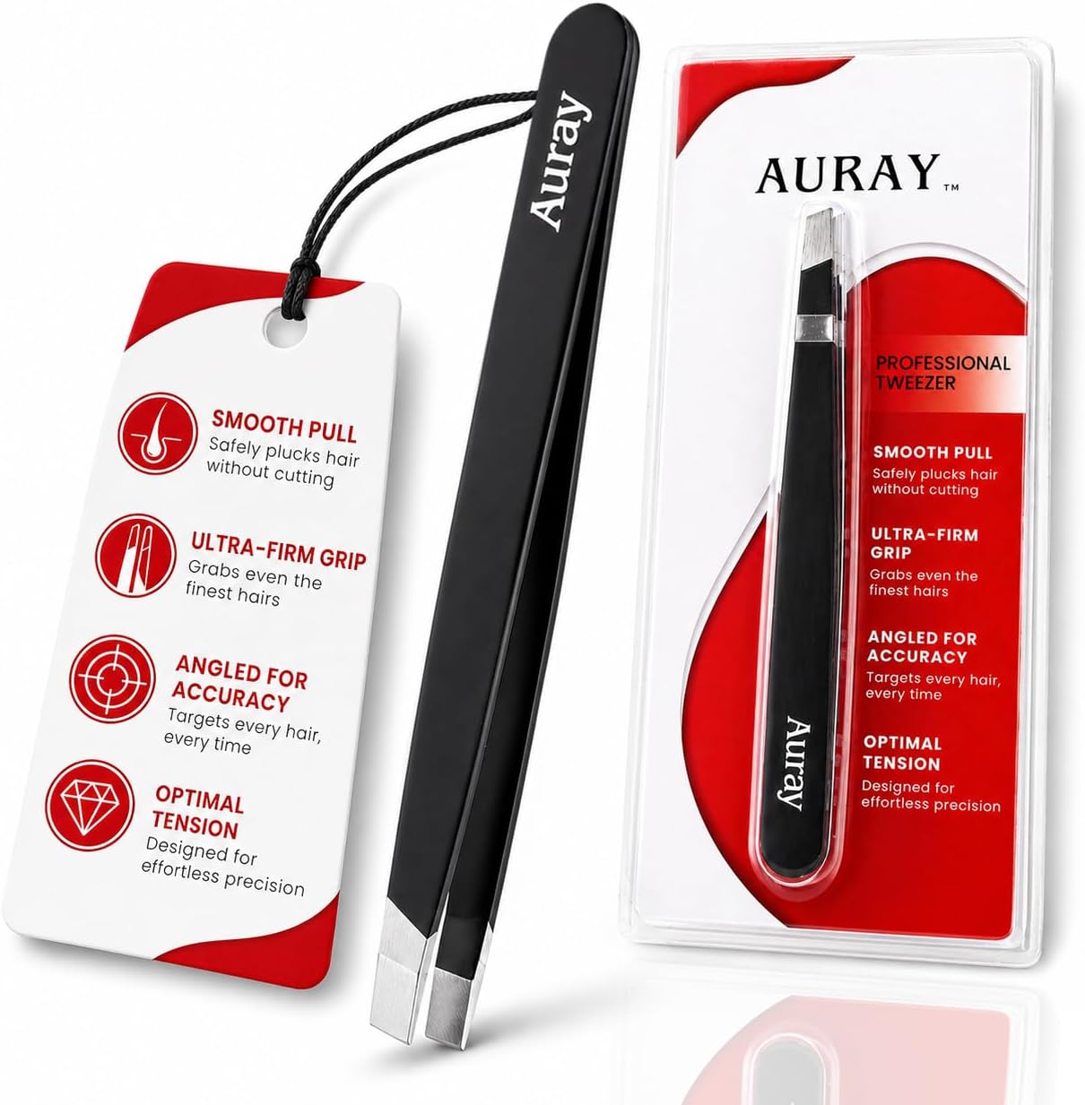 AURAY Stainless Steel Eyebrow Tweezers - Slanted Tip Facial Hair Removal Tool for Men & Women | Black