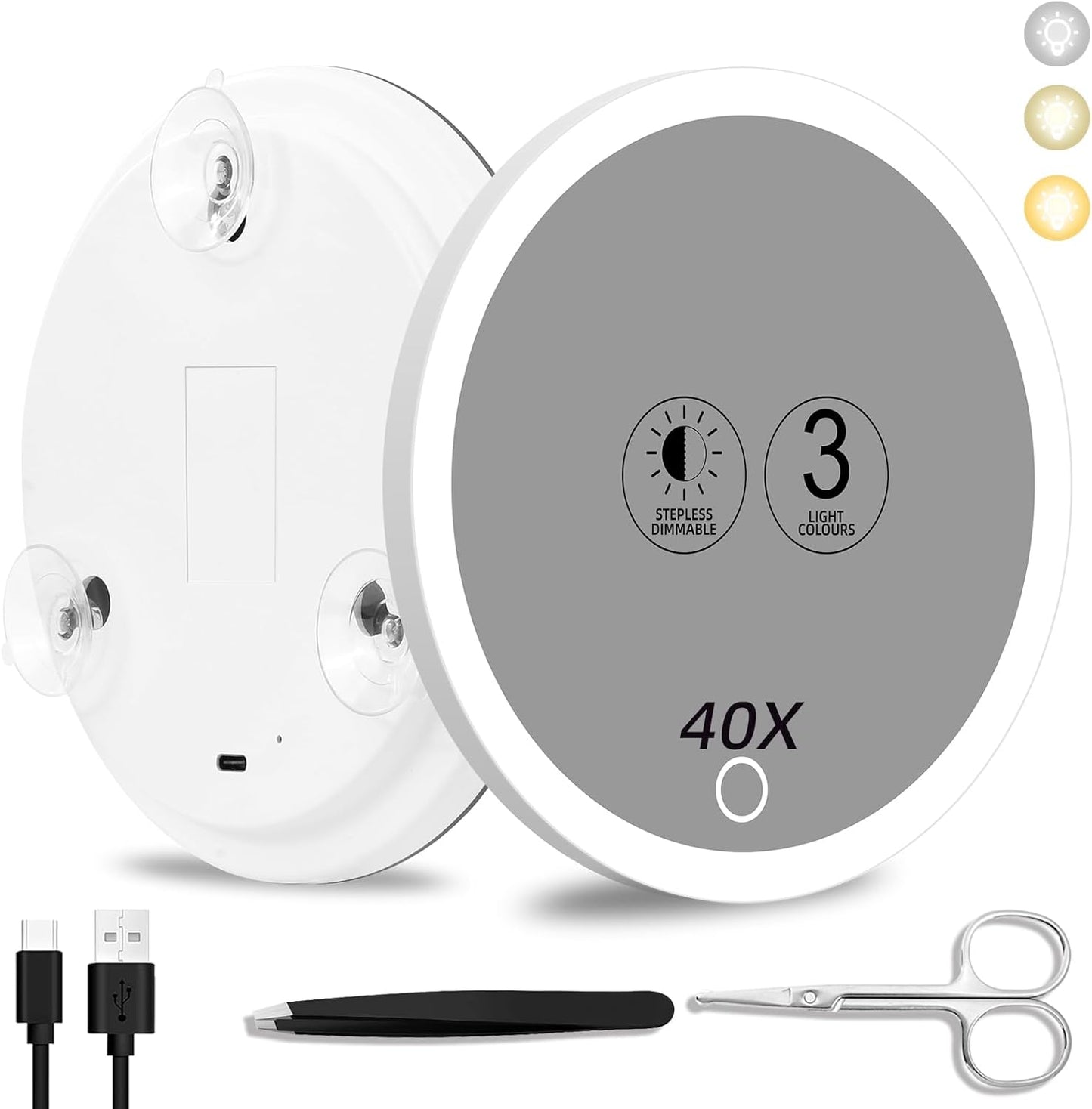 40x Magnifying Makeup Mirror with Light - 6-Inch Travel Mirror with Suction Cups, Tweezers & Scissors Set