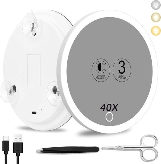 40x Magnifying Makeup Mirror with Light - 6-Inch Travel Mirror with Suction Cups, Tweezers & Scissors Set